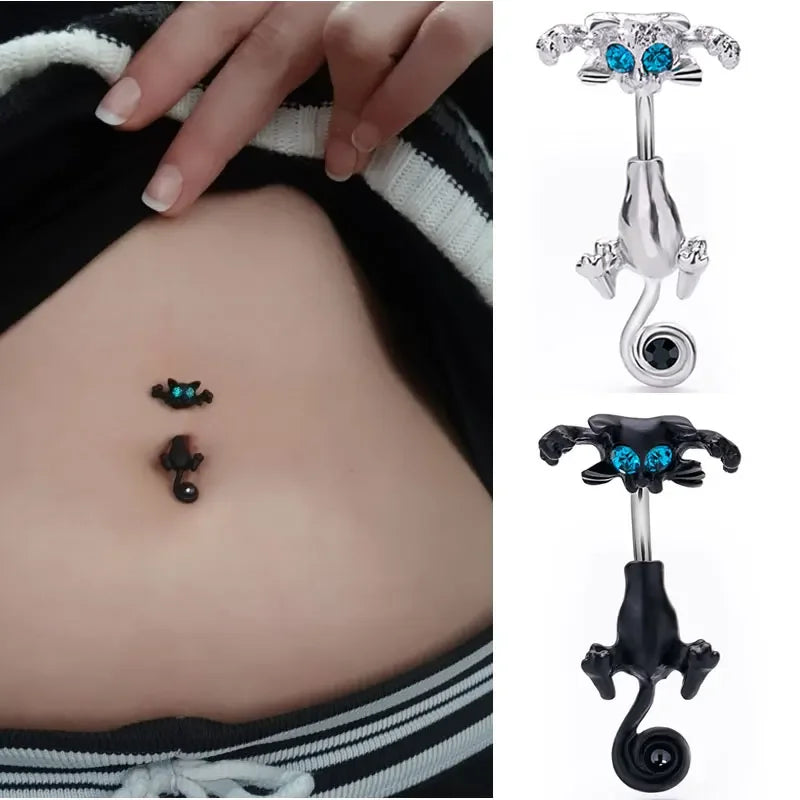 Elegant Stainless Steel Cat-Shaped Belly Ring with Zircon Detailing