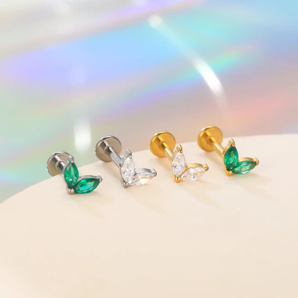 1pc Titanium White Green Zircon Stud Earring for Women Flat Back Helix Tragus Labret Piercing Body Jewelry