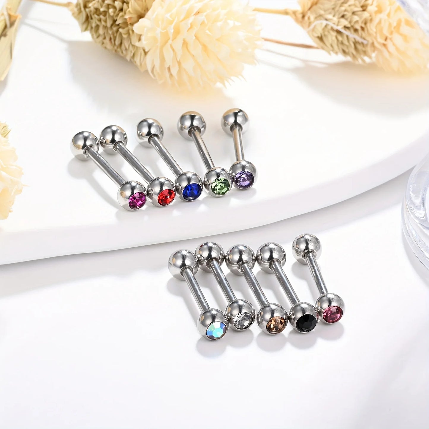 10pcs 14 Gauge With Rhinestone Straight Barbell Metal Tongue Piercing Jewelry ,Stainless Steel Tongue Rings, 12 -18mm Available