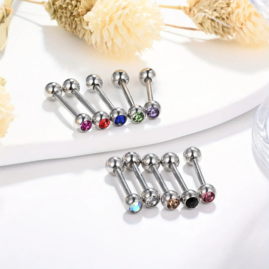 10pcs 14 Gauge With Rhinestone Straight Barbell Metal Tongue Piercing Jewelry ,Stainless Steel Tongue Rings, 12 -18mm Available