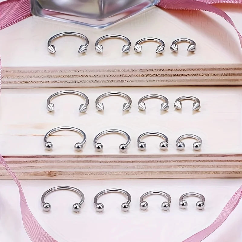 2Pcs Stainless Steel Horseshoe Barbell Nose Lip Rings With Balls Spikes Punk Body Piercing Jewelry Universal Fit Design