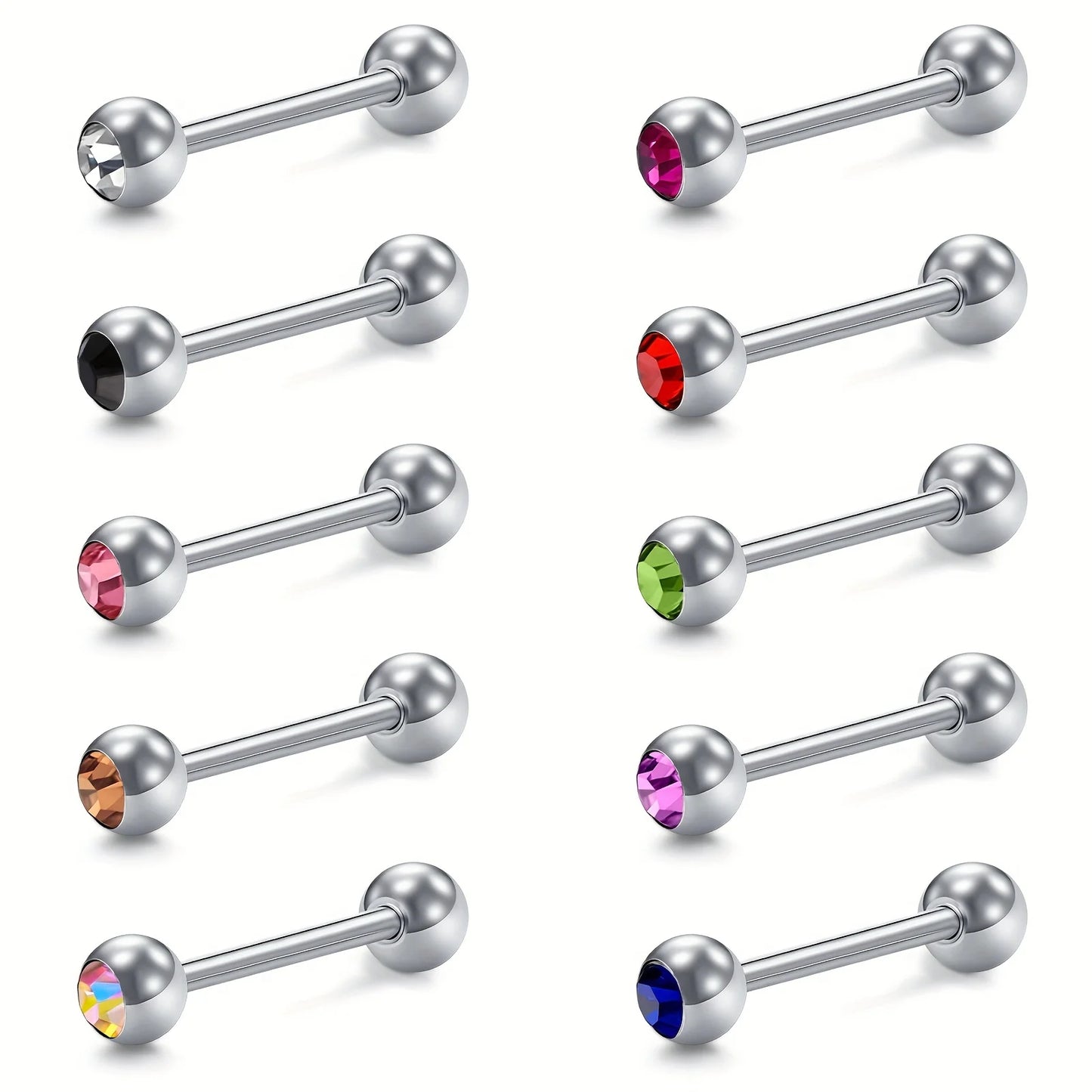 10pcs 14 Gauge With Rhinestone Straight Barbell Metal Tongue Piercing Jewelry ,Stainless Steel Tongue Rings, 12 -18mm Available