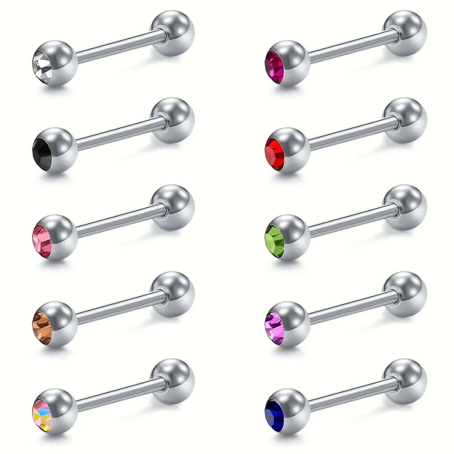 10pcs 14 Gauge With Rhinestone Straight Barbell Metal Tongue Piercing Jewelry ,Stainless Steel Tongue Rings, 12 -18mm Available