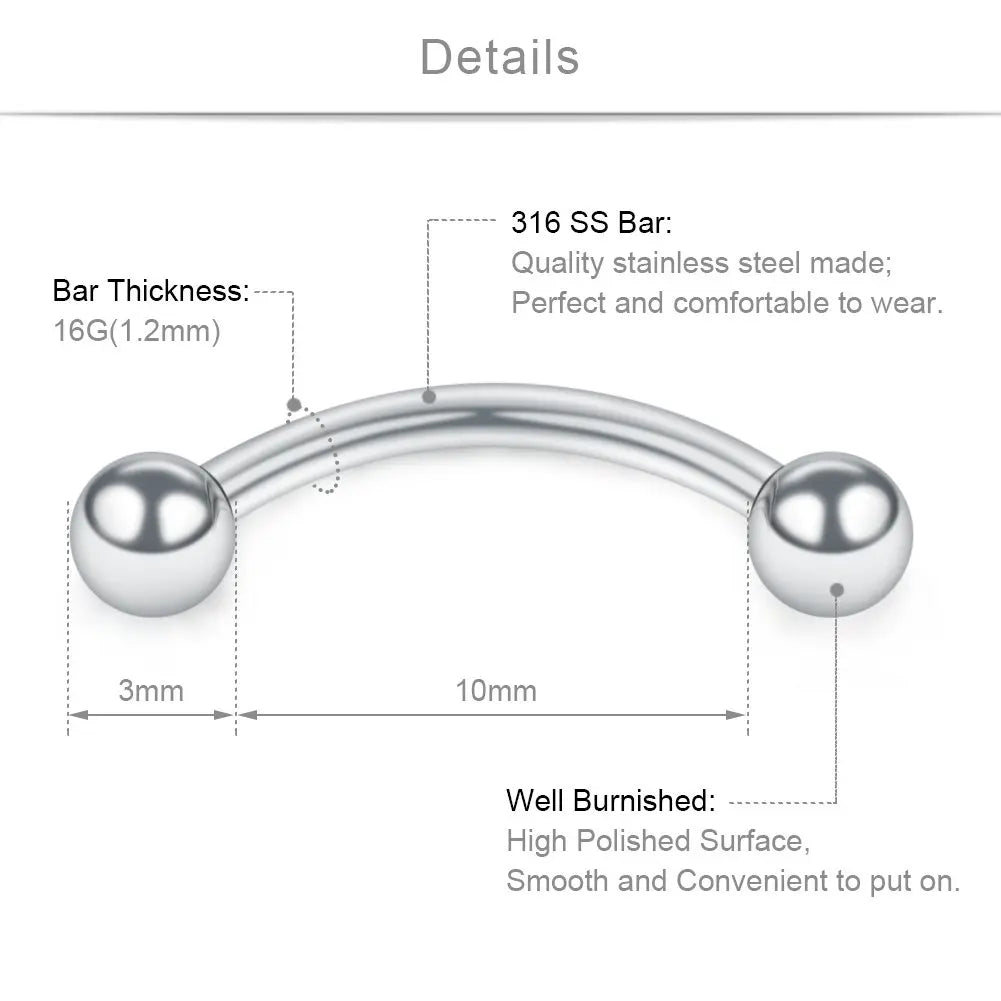 12PCS 16G Stainless Steel Curved Barbell Eyebrow Tragus Helix Ear Belly Lip Ring Body Piercing Jewelry For Women and Men