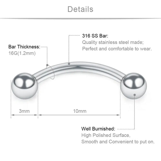 12PCS 16G Stainless Steel Curved Barbell Eyebrow Tragus Helix Ear Belly Lip Ring Body Piercing Jewelry For Women and Men