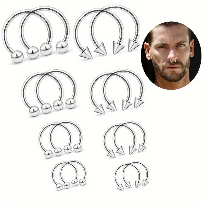 2Pcs Stainless Steel Horseshoe Barbell Nose Lip Rings With Balls Spikes Punk Body Piercing Jewelry Universal Fit Design