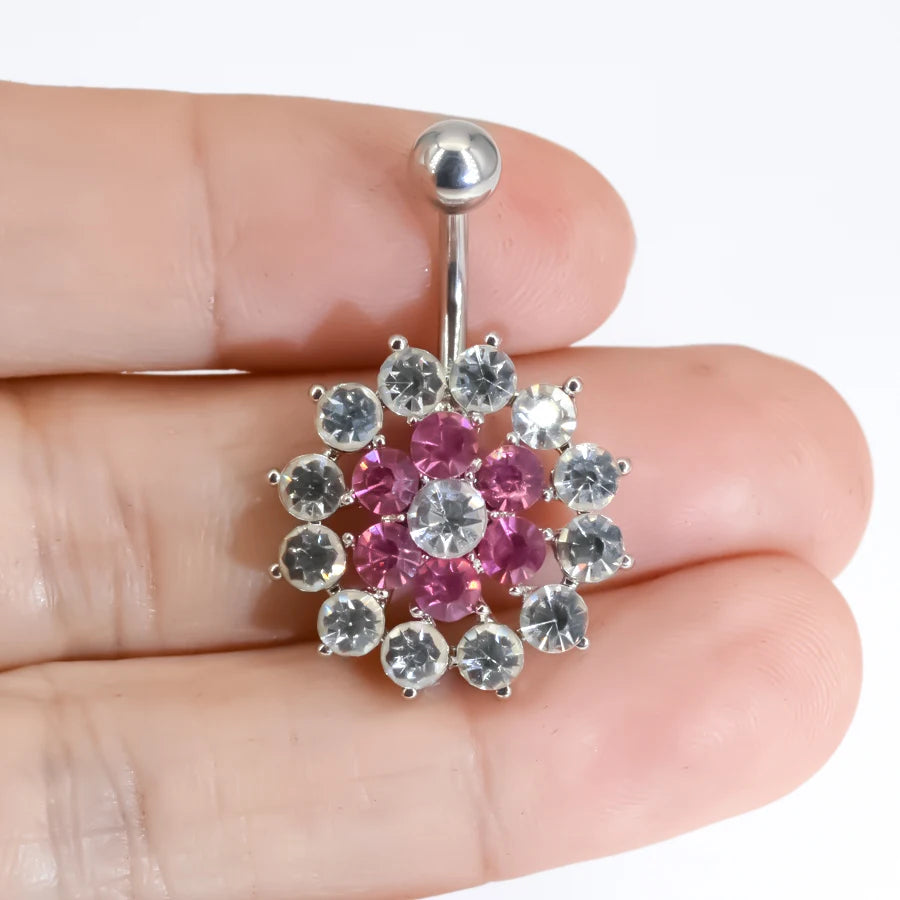 Elegant Crystal Flower Belly Ring - Hypoallergenic Stainless Steel Body Jewelry for Every Occasion