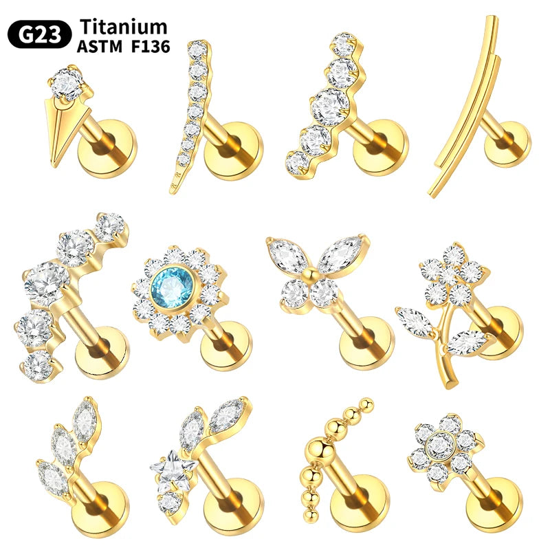 1PC Titanium Ear Cartilage Piercings Flat Back Stud Earring Internal Thread Butterfly Cross CZ Helix Tragus Piercing Jewelry 16G