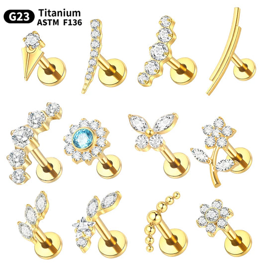 1PC Titanium Ear Cartilage Piercings Flat Back Stud Earring Internal Thread Butterfly Cross CZ Helix Tragus Piercing Jewelry 16G