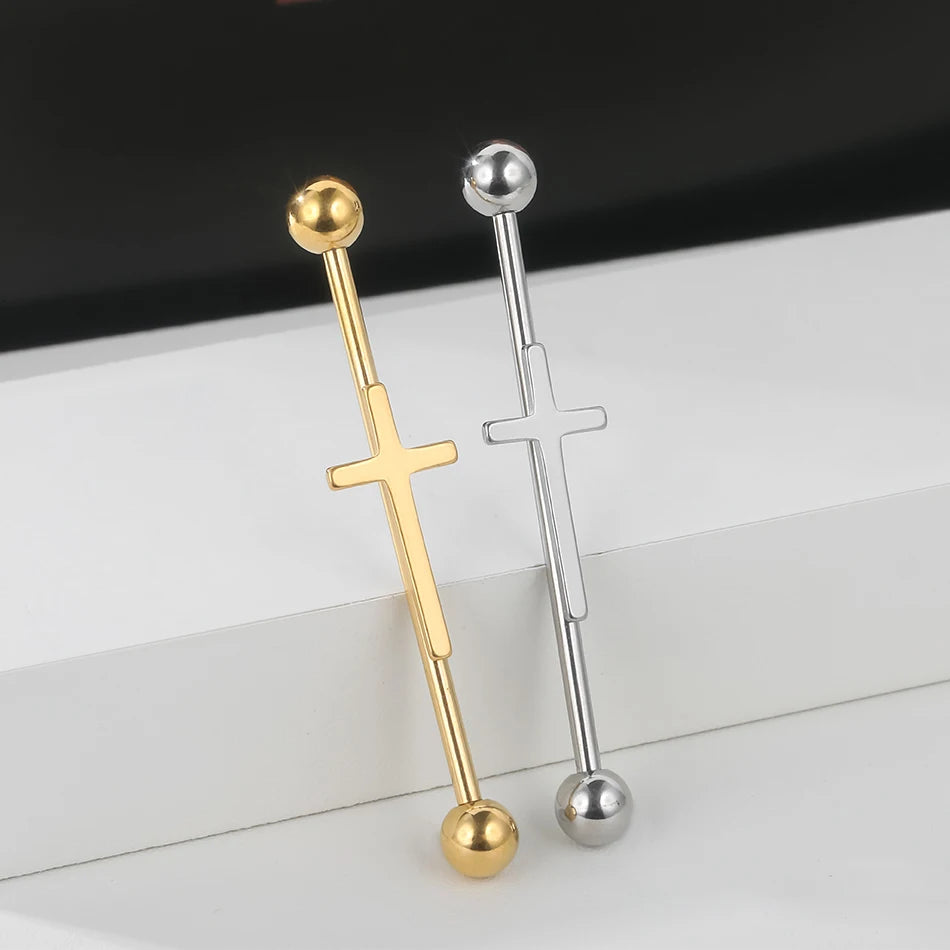 1PC Steel Cross Industrial Piercings Orelha Cartilagem Industrial Barbell Earrings Piercing Bar Scaffold Ear Cartilage Helix 14G