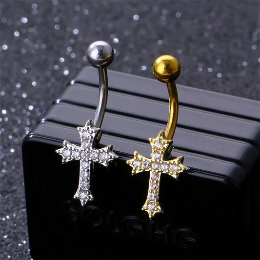 Elegant Stainless Steel Cross Pendant Belly Button Ring with Zircon