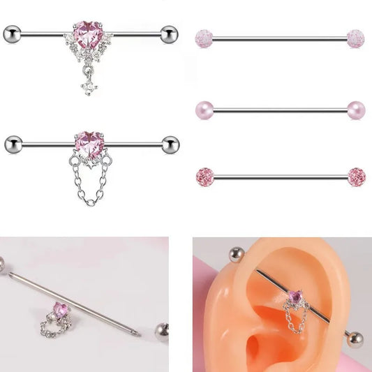 1PC Industrial Piercing Barbells Jewelry Stainless Steel CZ Heart Ball Pearl Cartilage Helix Earring Body Piercing for Women Men