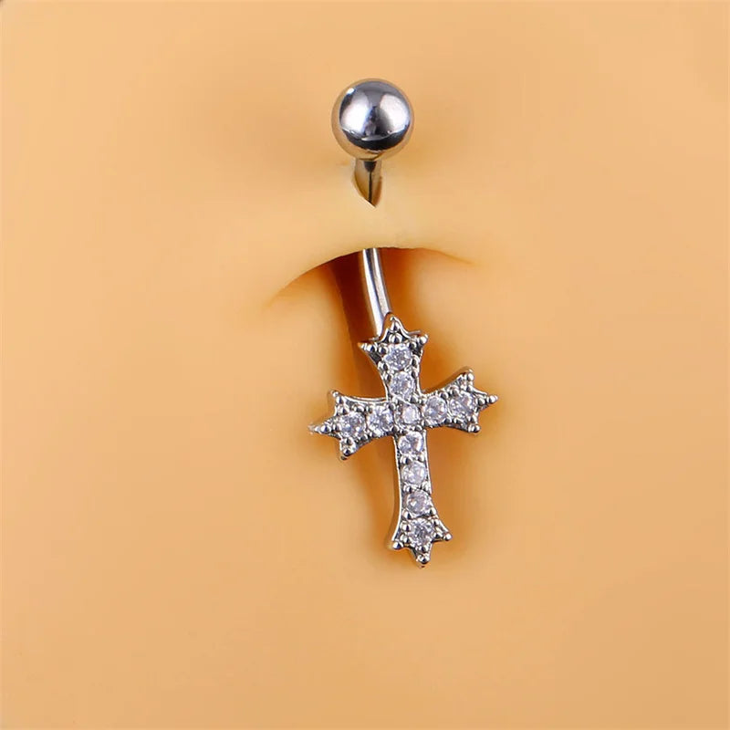 Elegant Stainless Steel Cross Pendant Belly Button Ring with Zircon
