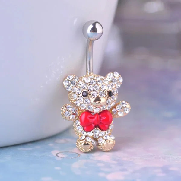 Versatile Red Bow Tie Bear Belly Button Ring in 316L Surgical Steel