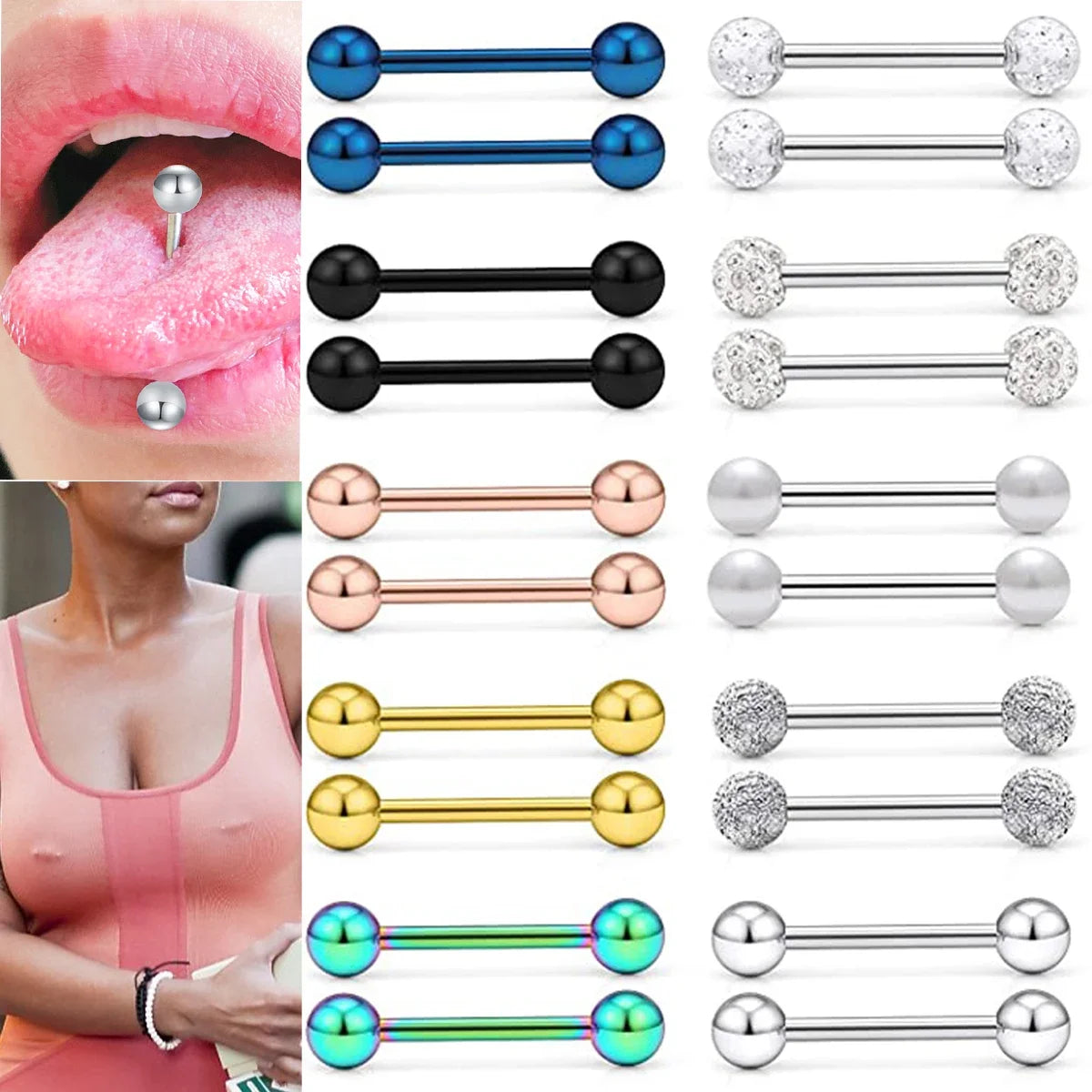 14G Tongue Rings Nipple Rings Surgical Steel Barbell Nipplering Body Piercing Jewelry for Women Men 12MM 14MM 16MM 18MM Bar Leng
