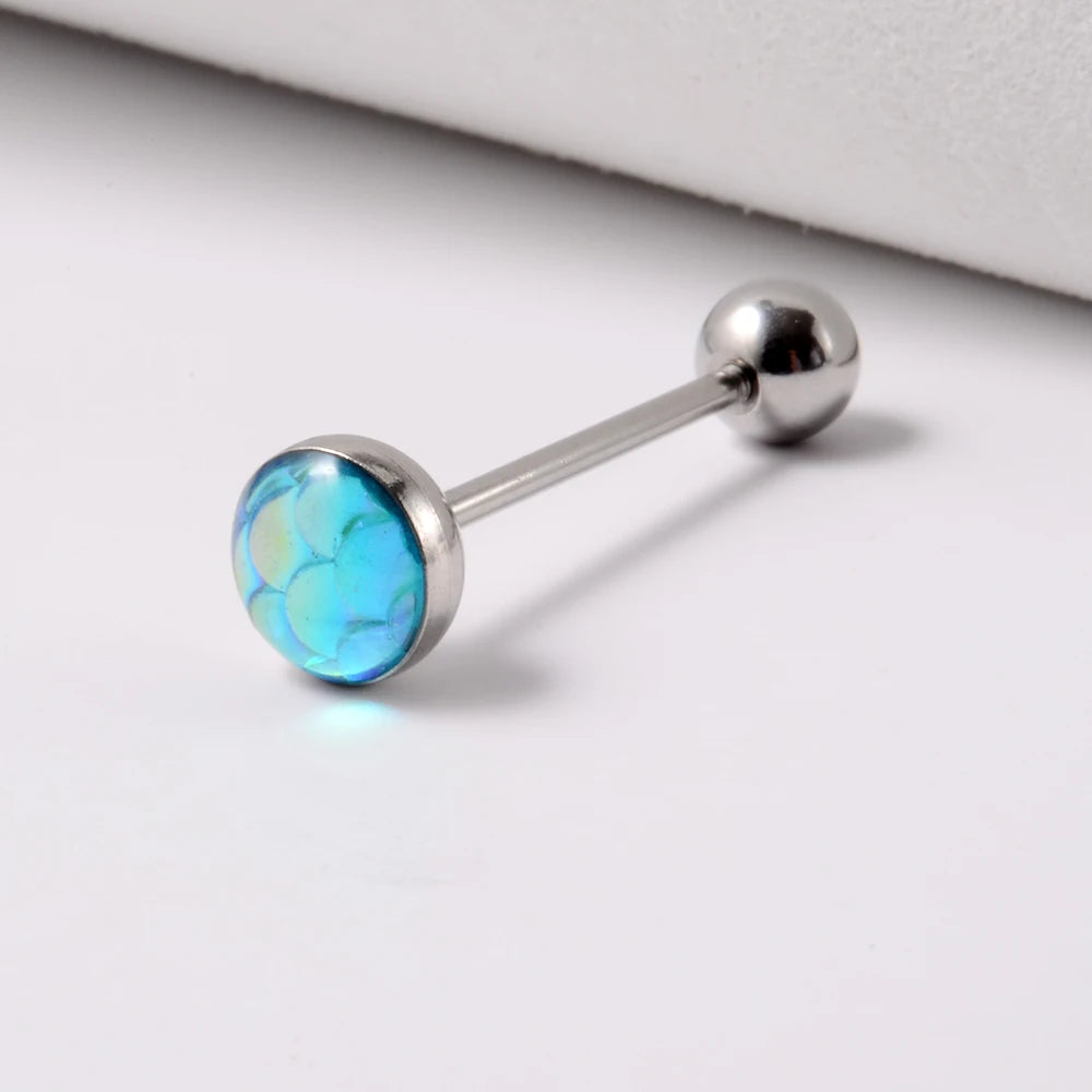 1PC 14G Tongue Rings Surgical Steel Tongue Piercing Jewelry for Women Men Fish Scales Ball Tongue Ring Barbell Piercing