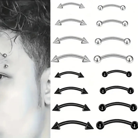 16-Piece Set Stainless Steel Multi-Size 6/8/10/12mm Curved Barbell Eyebrow Rings, Versatile Body Piercing Bar Spiral Ear Studs