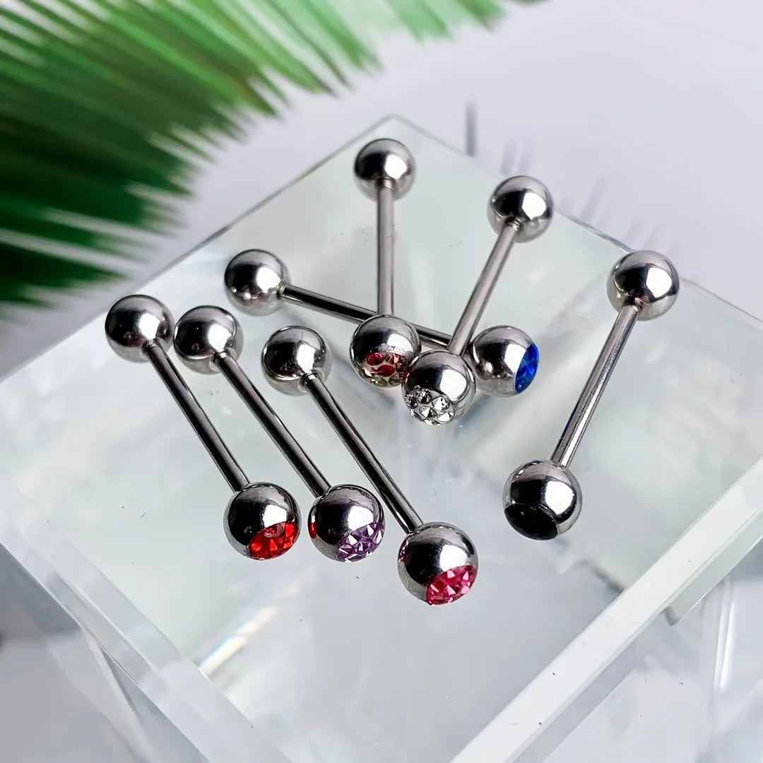 10pcs 14 Gauge With Rhinestone Straight Barbell Metal Tongue Piercing Jewelry ,Stainless Steel Tongue Rings, 12 -18mm Available
