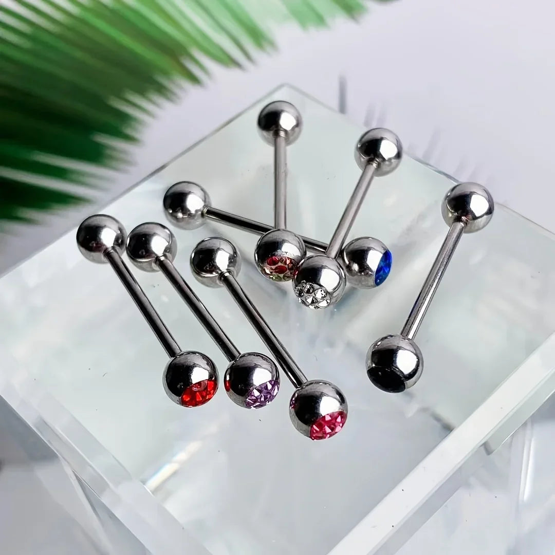 10pcs 14 Gauge With Rhinestone Straight Barbell Metal Tongue Piercing Jewelry ,Stainless Steel Tongue Rings, 12 -18mm Available