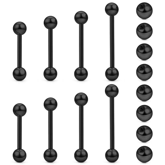 14G 16G Nipple Tongue Rings Stainless Steel Barbells Piercing Jewelry Silvery Black Golden 12mm-18mm Length Ball Size 5MM 6MM