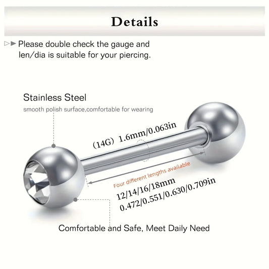 10pcs 14 Gauge With Rhinestone Straight Barbell Metal Tongue Piercing Jewelry ,Stainless Steel Tongue Rings, 12 -18mm Available