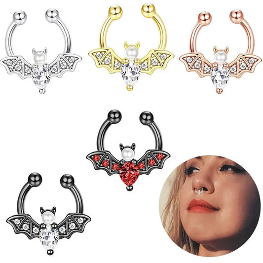 Elegant Stainless Steel Crystal Bat Faux Nose Ring - Non-Piercing Clip on Hoop