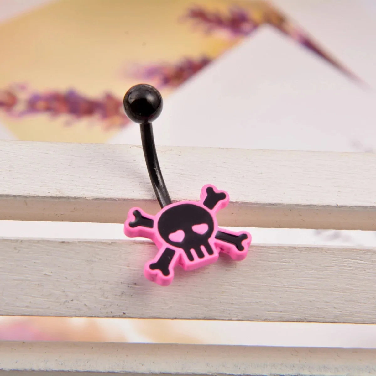 Stylish Stainless Steel Belly Button Ring with Pink Rose Skull Design