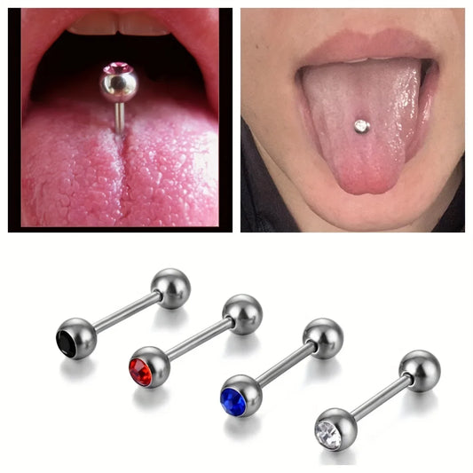 10pcs 14 Gauge With Rhinestone Straight Barbell Metal Tongue Piercing Jewelry ,Stainless Steel Tongue Rings, 12 -18mm Available