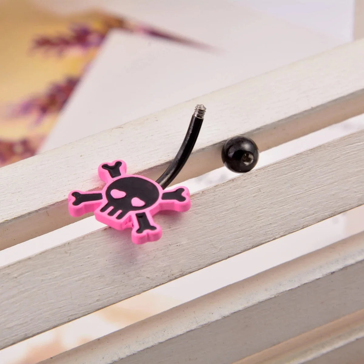 Stylish Stainless Steel Belly Button Ring with Pink Rose Skull Design