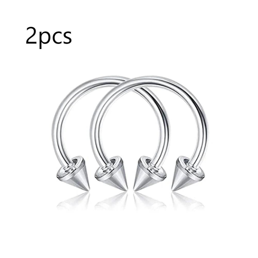 2Pcs Stainless Steel Horseshoe Barbell Nose Lip Rings With Balls Spikes Punk Body Piercing Jewelry Universal Fit Design