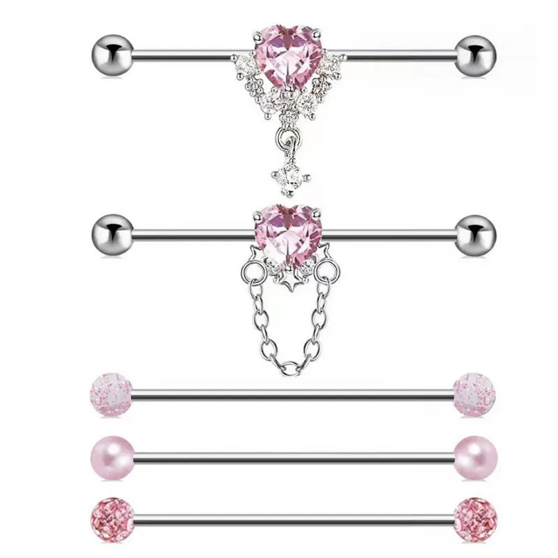 1PC Industrial Piercing Barbells Jewelry Stainless Steel CZ Heart Ball Pearl Cartilage Helix Earring Body Piercing for Women Men
