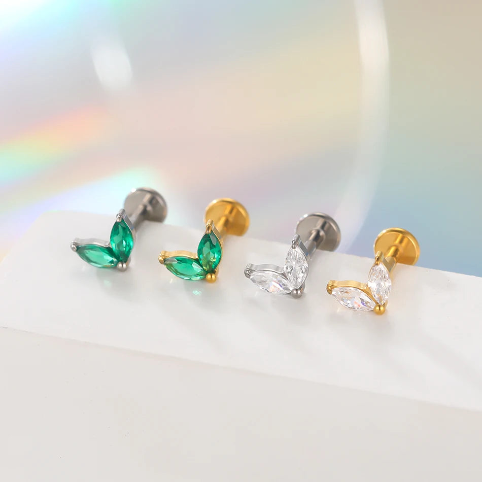 1pc Titanium White Green Zircon Stud Earring for Women Flat Back Helix Tragus Labret Piercing Body Jewelry