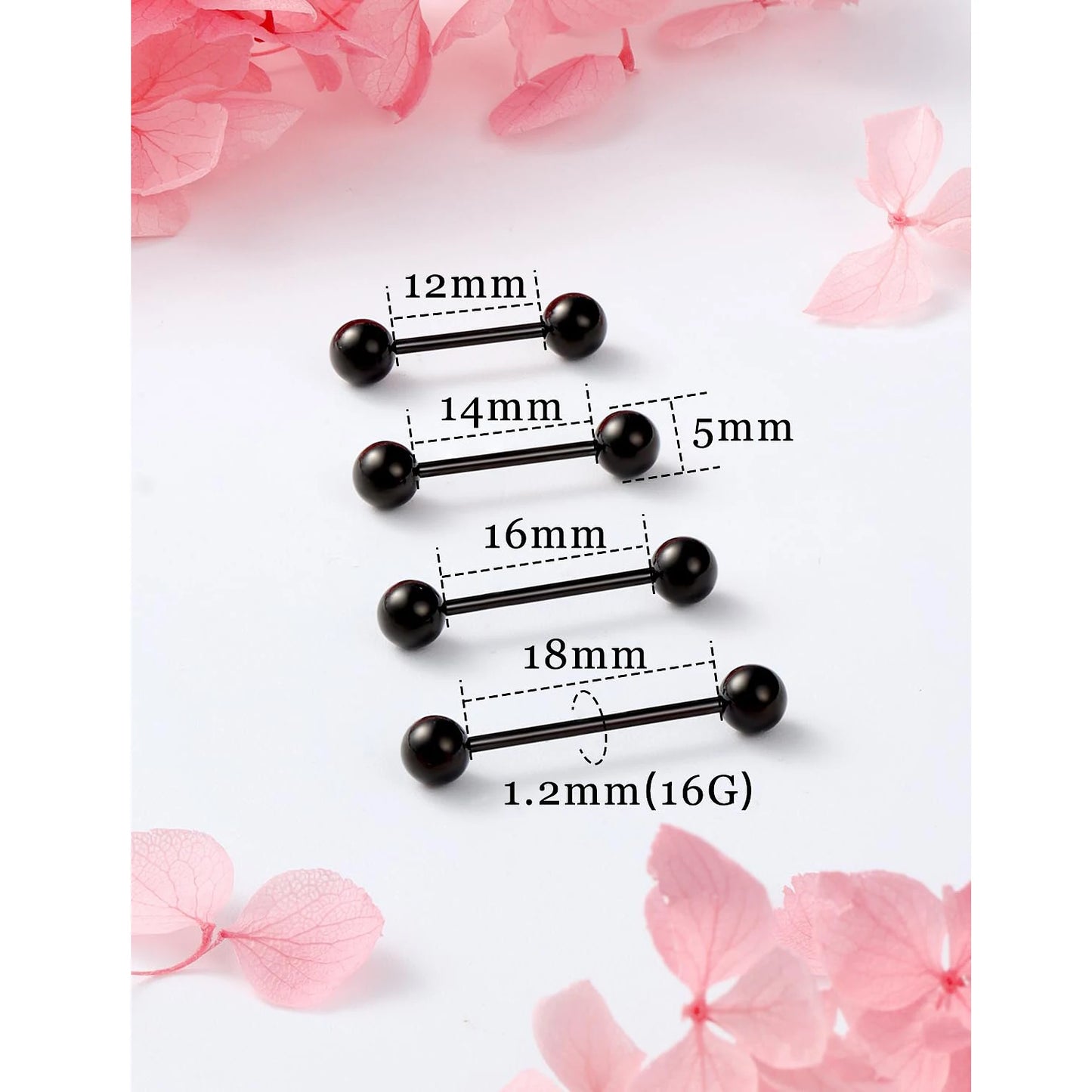 14G 16G Nipple Tongue Rings Stainless Steel Barbells Piercing Jewelry Silvery Black Golden 12mm-18mm Length Ball Size 5MM 6MM