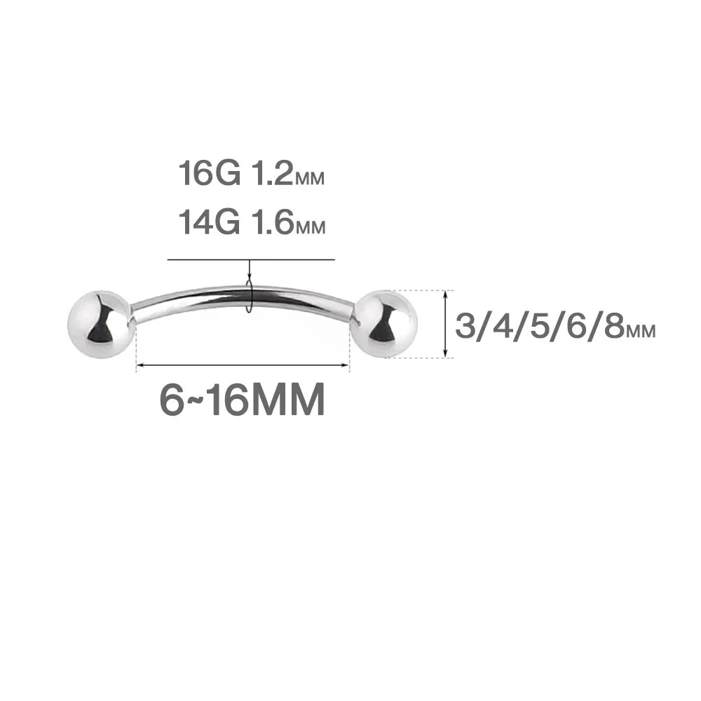 1pc 6-16mm Curved Barbell Banana Piercing Bar 3 4 5 6 8mm Ball Titanium Stainless Steel 14G 16G 1.2mm 1.6mm DIY Body Jewelry