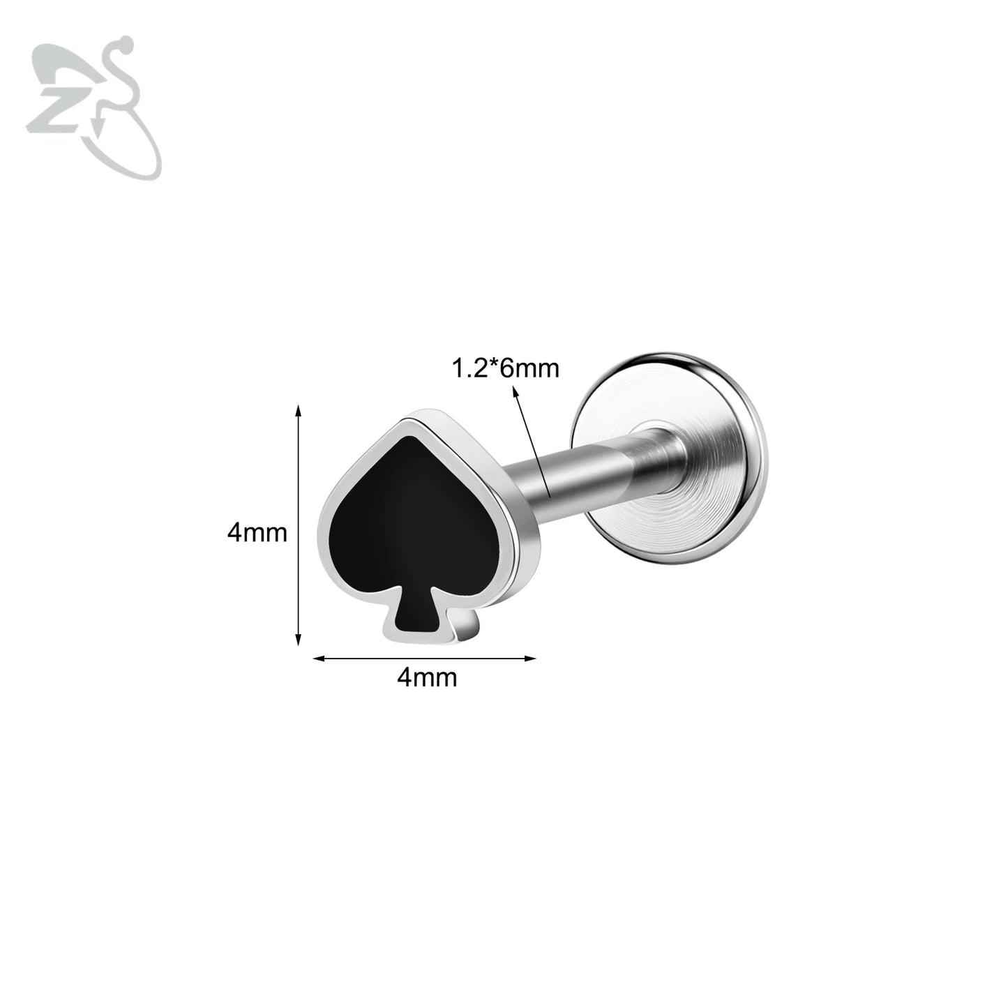 ZS 1 Piece 16G Stainless Steel Labret Lip Piercing Spade Heart Diamond Club Shape Ear Cartilage Tragus Helix Piercings 6MM/8MM