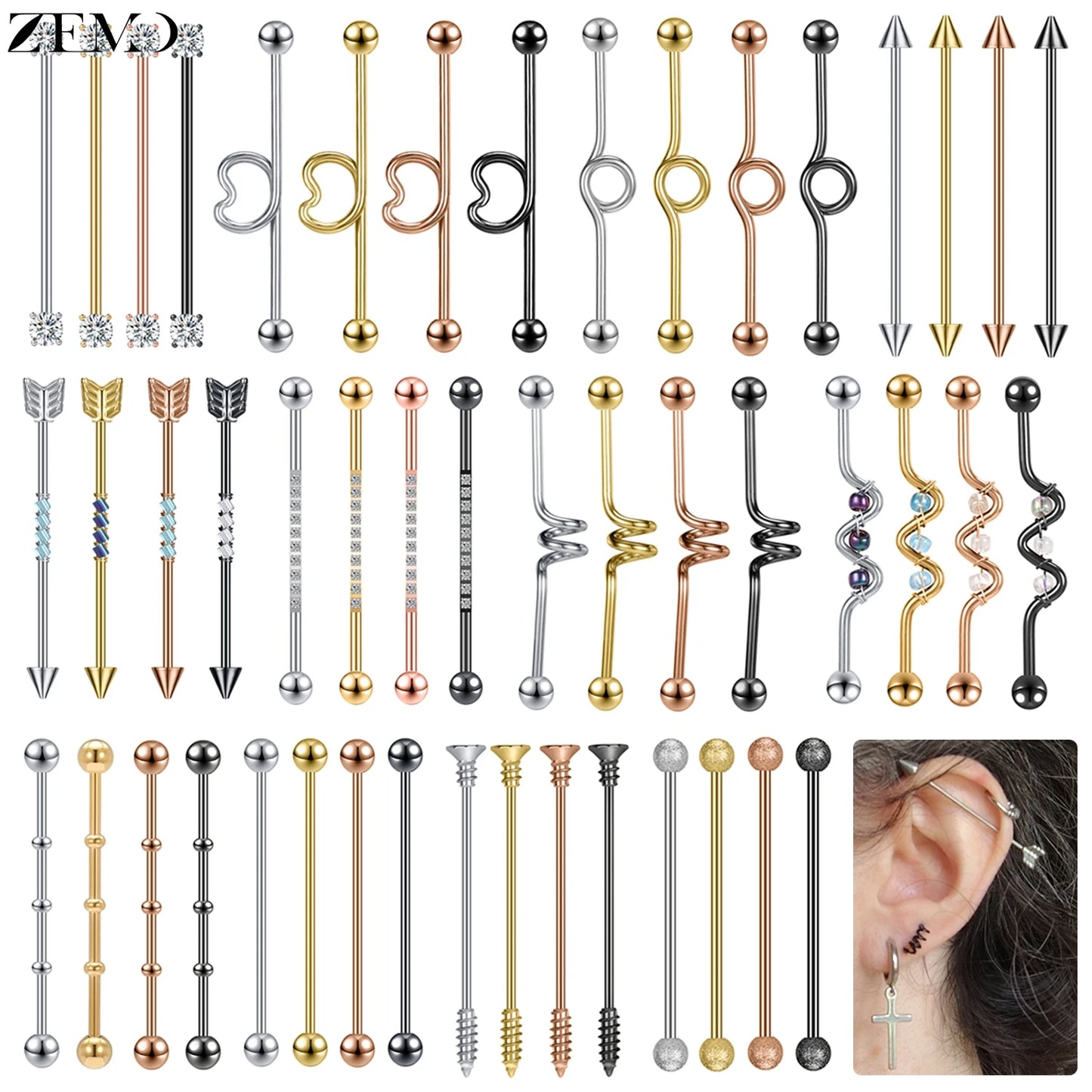 ZEMO 38MM Stainless Steel Industrial Barbell Earrings - Unisex, Multistyle