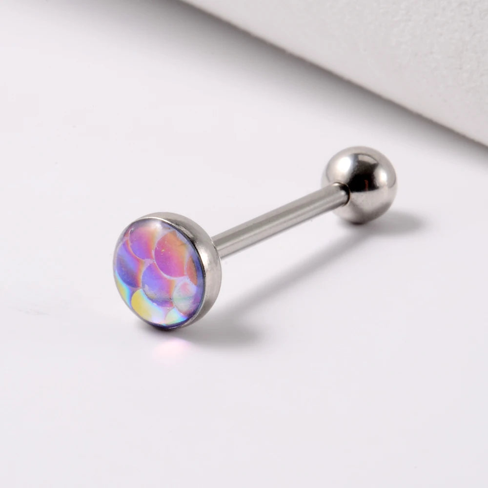 1PC 14G Tongue Rings Surgical Steel Tongue Piercing Jewelry for Women Men Fish Scales Ball Tongue Ring Barbell Piercing