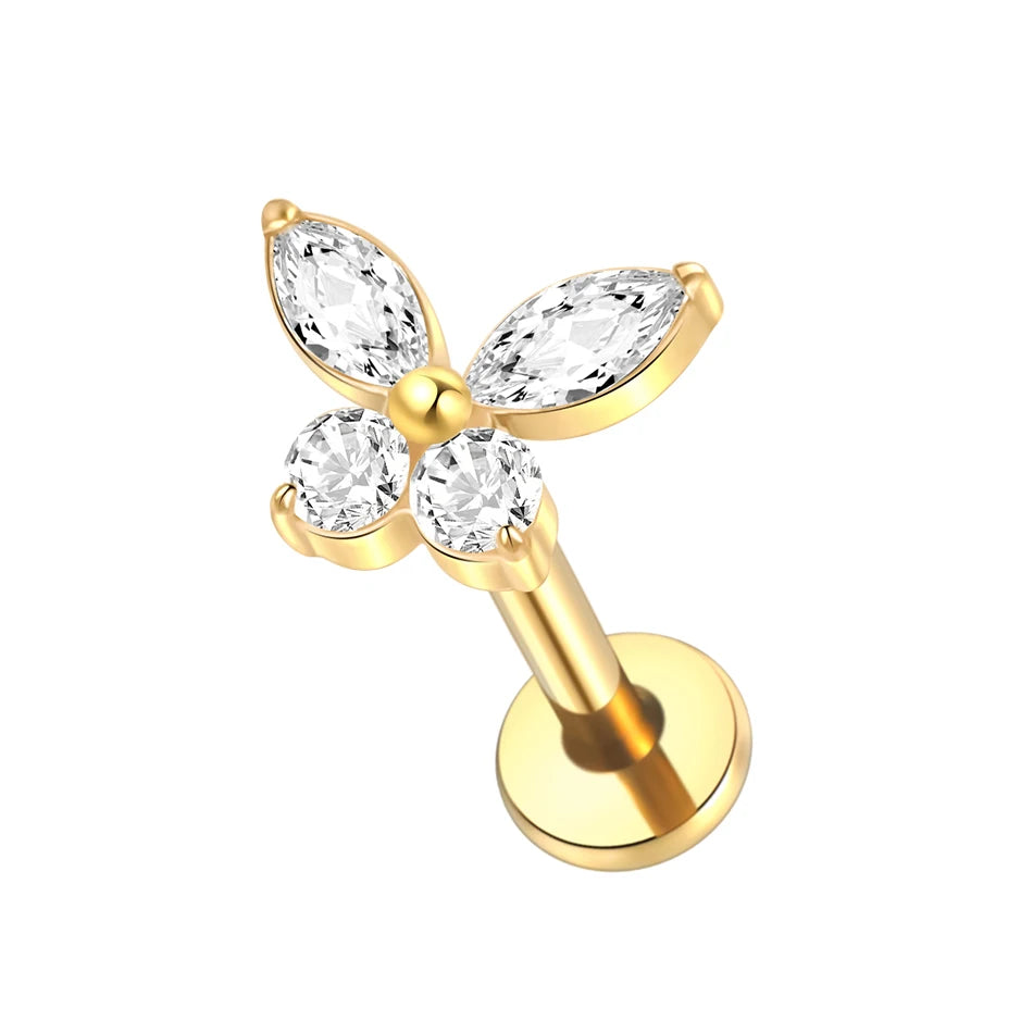 1PC Titanium Ear Cartilage Piercings Flat Back Stud Earring Internal Thread Butterfly Cross CZ Helix Tragus Piercing Jewelry 16G