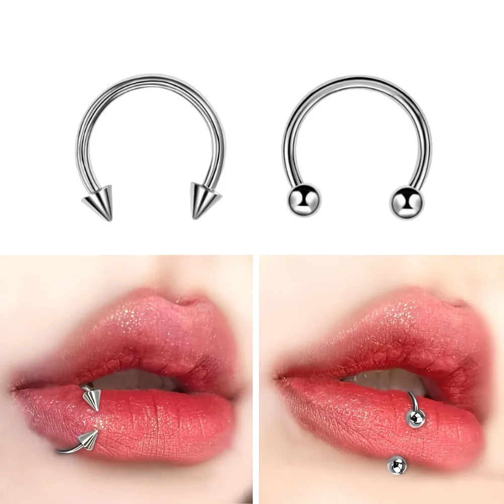 2Pcs Stainless Steel Horseshoe Barbell Nose Lip Rings With Balls Spikes Punk Body Piercing Jewelry Universal Fit Design