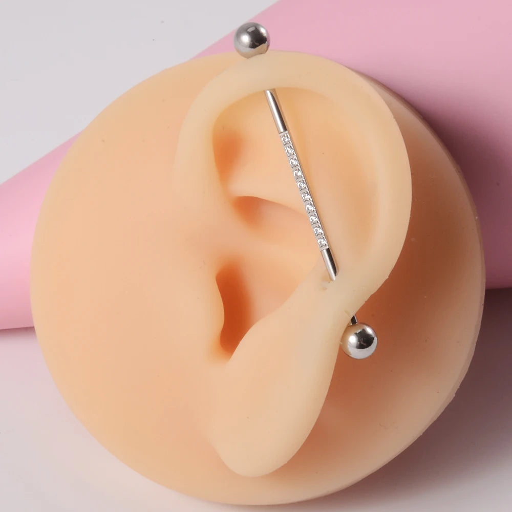 1PC Stainless Steel Industrial Barbell Long Bridge Micro Insert Zircon Earring Transversal Women Ear Piercing Jewelry 16G