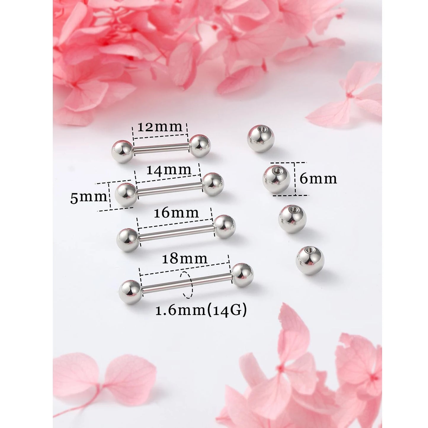 14G 16G Nipple Tongue Rings Stainless Steel Barbells Piercing Jewelry Silvery Black Golden 12mm-18mm Length Ball Size 5MM 6MM