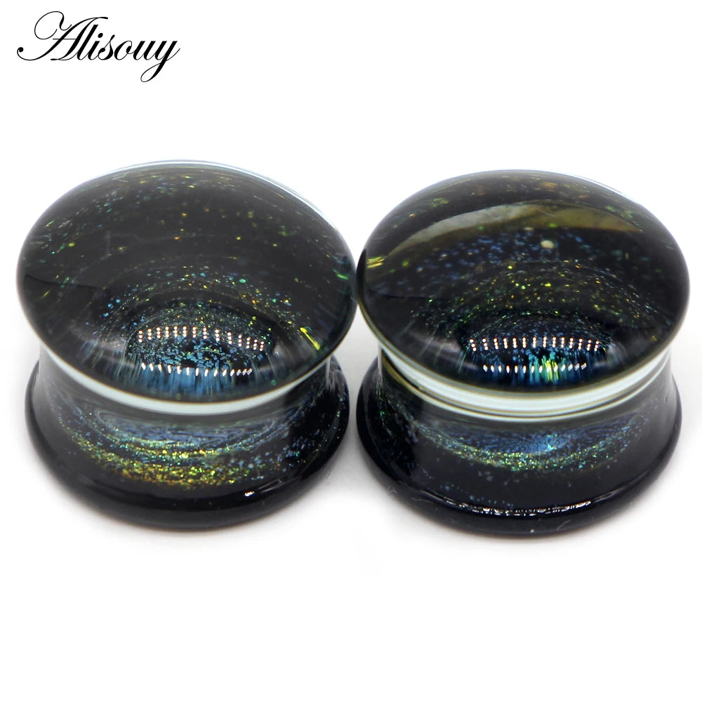 Alisouy 2PCS Fashion Round Blue Milky Way Glass Ear Piercing Plugs Strechers Fake Earrrings Romantic Gift For Unisex 6mm to 25mm