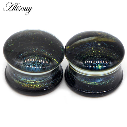 Alisouy 2PCS Fashion Round Blue Milky Way Glass Ear Piercing Plugs Strechers Fake Earrrings Romantic Gift For Unisex 6mm to 25mm