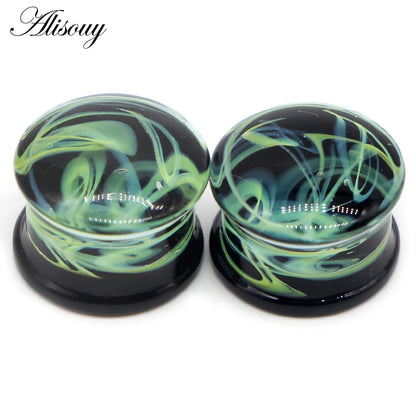 Alisouy 2PCS Fashion Round Blue Milky Way Glass Ear Piercing Plugs Strechers Fake Earrrings Romantic Gift For Unisex 6mm to 25mm