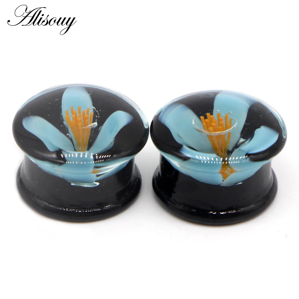 Alisouy 2PCS Fashion Round Blue Milky Way Glass Ear Piercing Plugs Strechers Fake Earrrings Romantic Gift For Unisex 6mm to 25mm