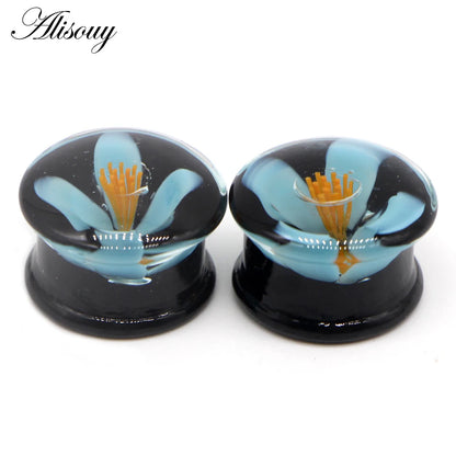Alisouy 2PCS Fashion Round Blue Milky Way Glass Ear Piercing Plugs Strechers Fake Earrrings Romantic Gift For Unisex 6mm to 25mm