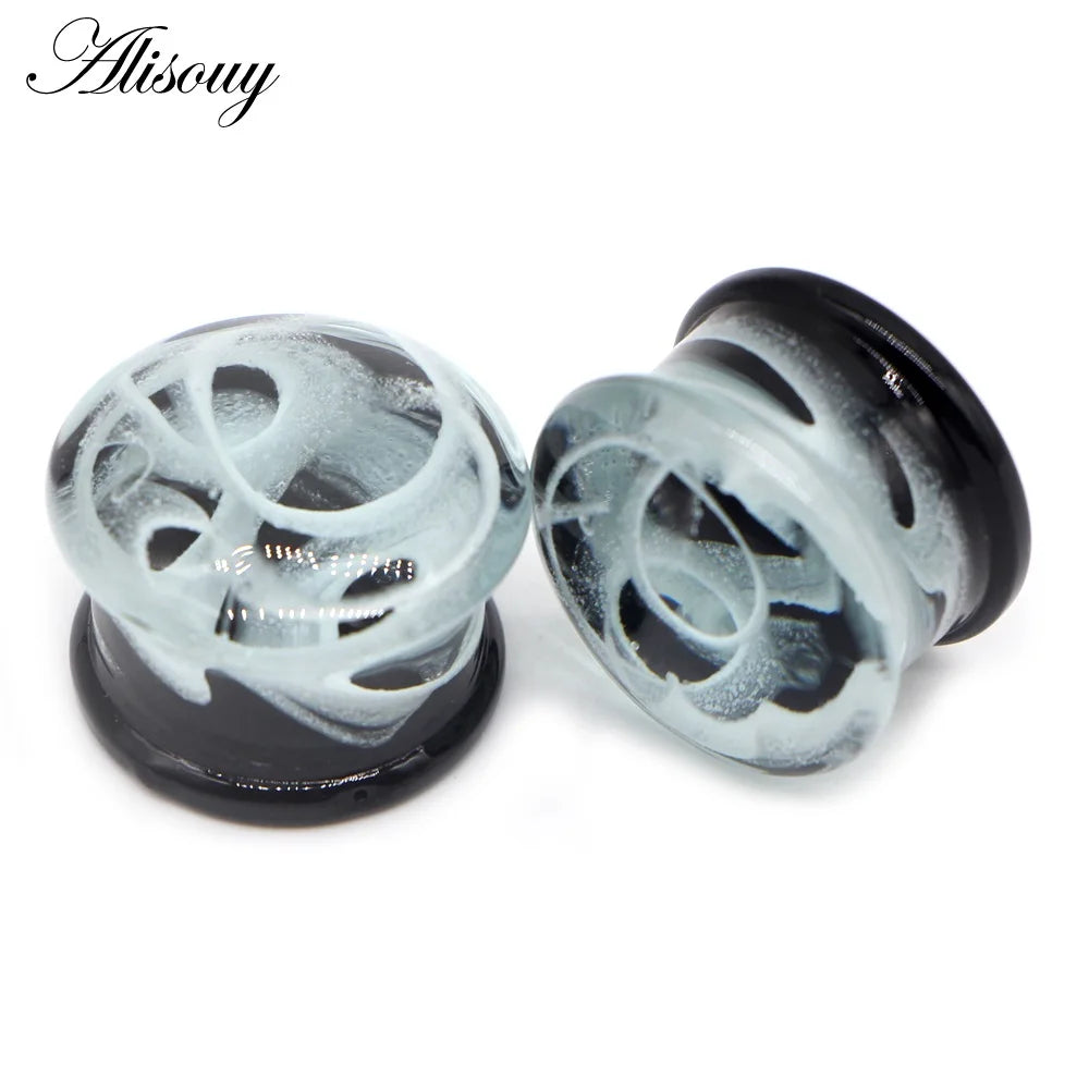 Alisouy 2PCS Fashion Round Blue Milky Way Glass Ear Piercing Plugs Strechers Fake Earrrings Romantic Gift For Unisex 6mm to 25mm