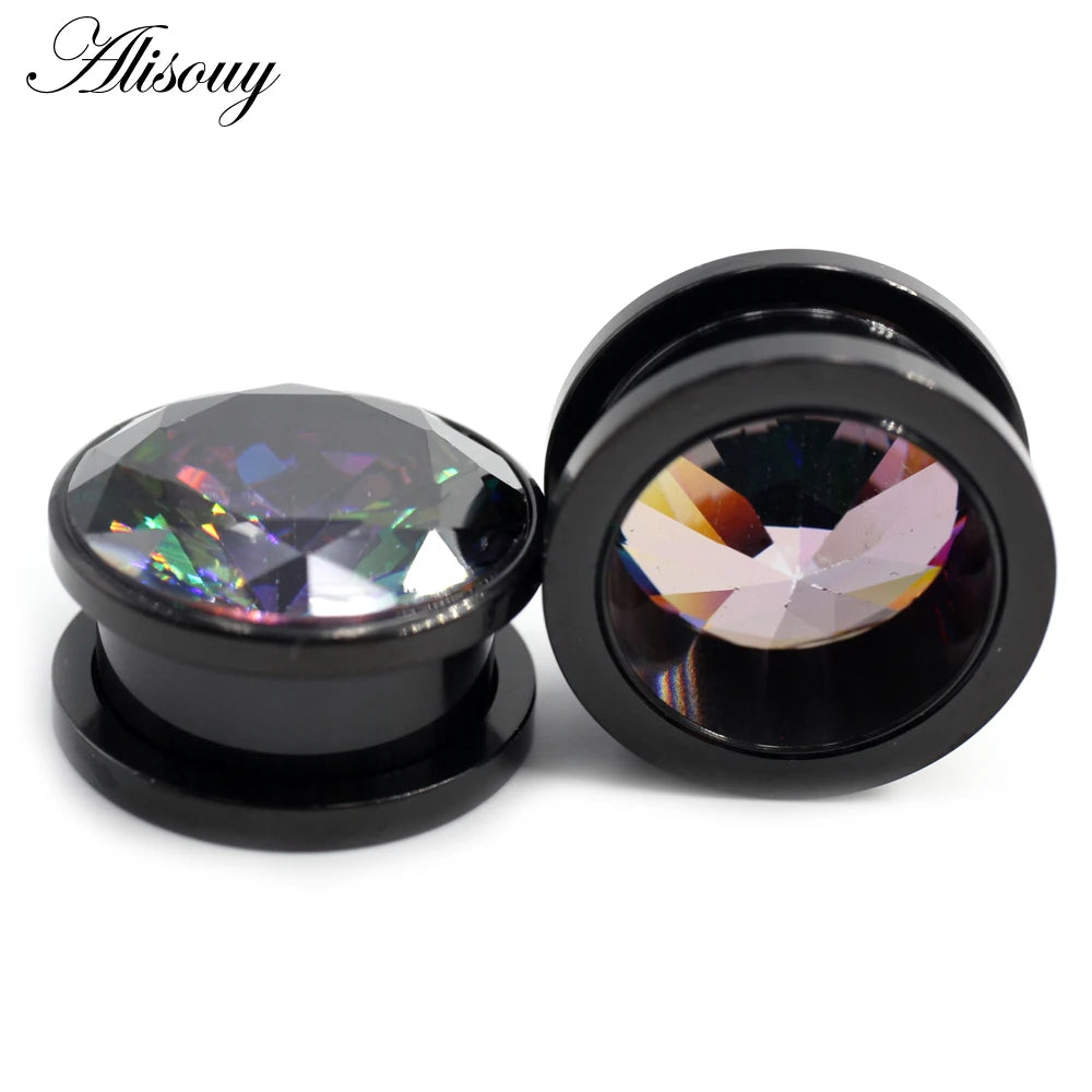 Alisouy 2pcs Stainless Steel Zirconia Crystal Screw Ear Tunnels Plugs Expander Stretcher Gauges Earrings Body Piercing Jewelry