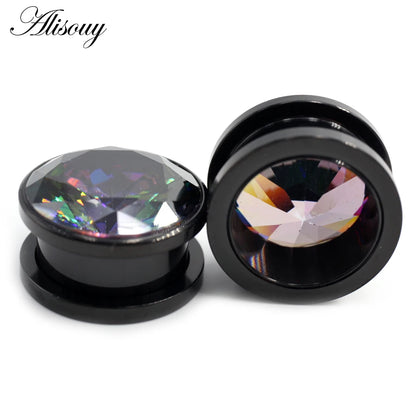 Alisouy 2pcs Stainless Steel Zirconia Crystal Screw Ear Tunnels Plugs Expander Stretcher Gauges Earrings Body Piercing Jewelry