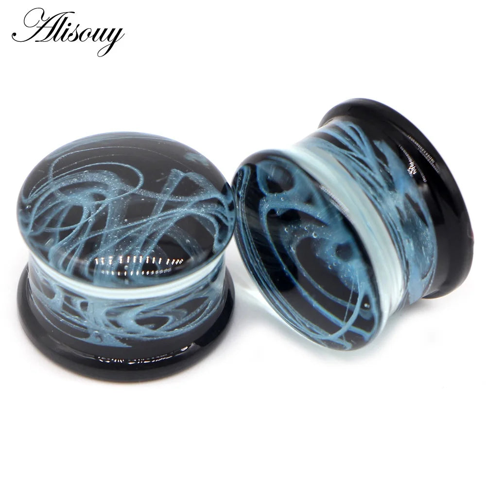 Alisouy 2PCS Fashion Round Blue Milky Way Glass Ear Piercing Plugs Strechers Fake Earrrings Romantic Gift For Unisex 6mm to 25mm